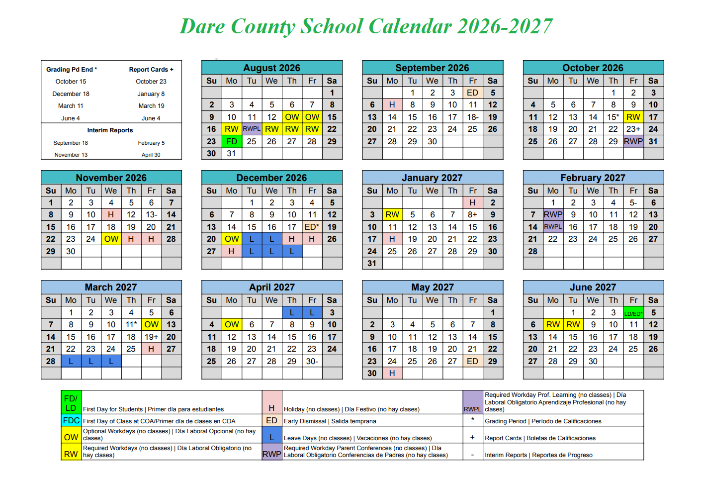Dare County School Calendar 2026-2027