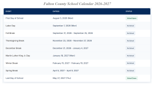 Fulton County School Holiday Calendar 2026-2027