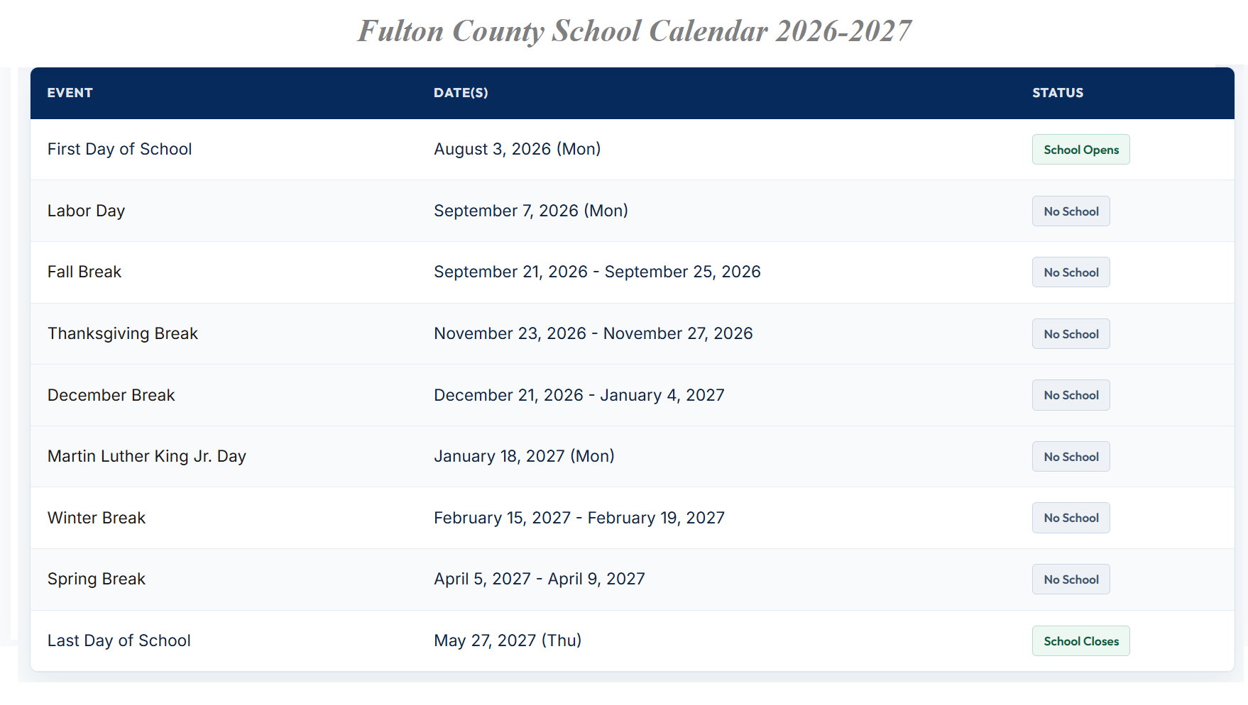 Fulton County School Holiday Calendar 2026-2027