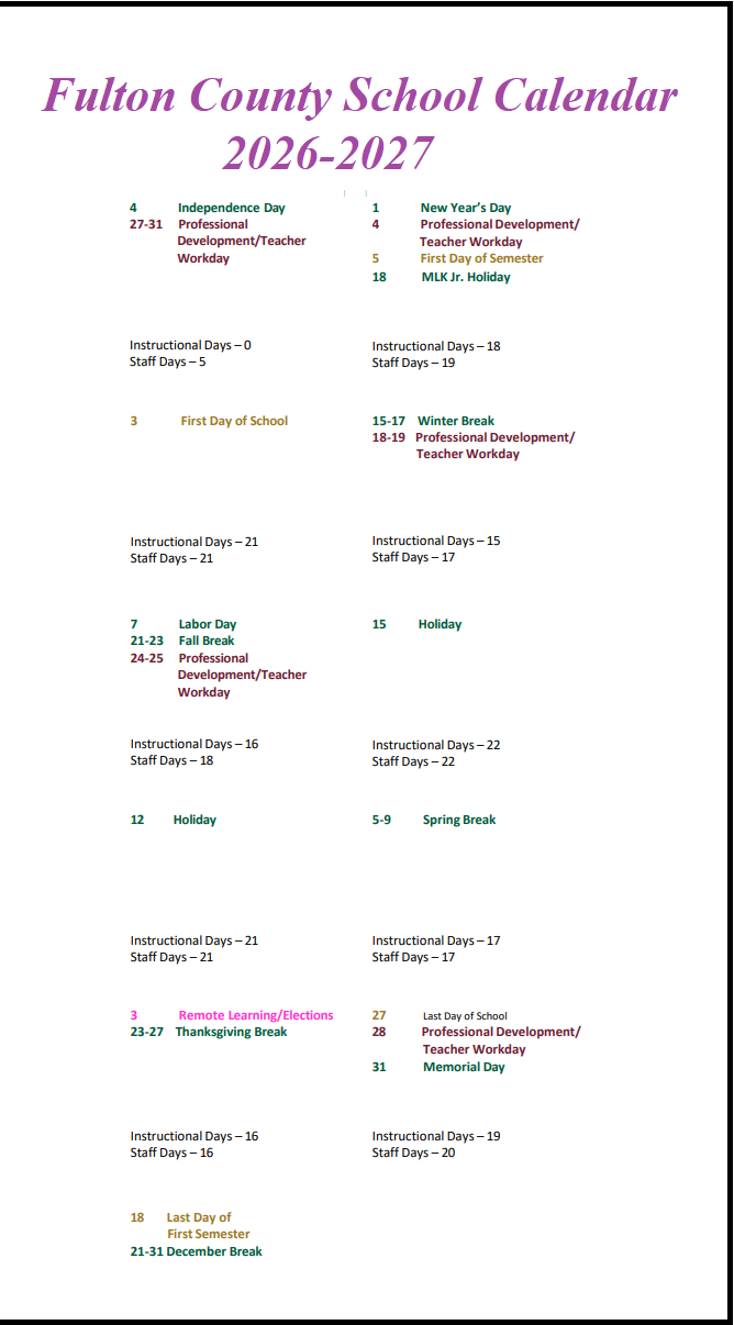 Fulton County School Holidays 2026-2027