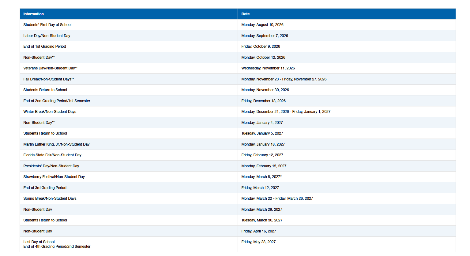 Hillsborough County School Calendar 2026-2027
