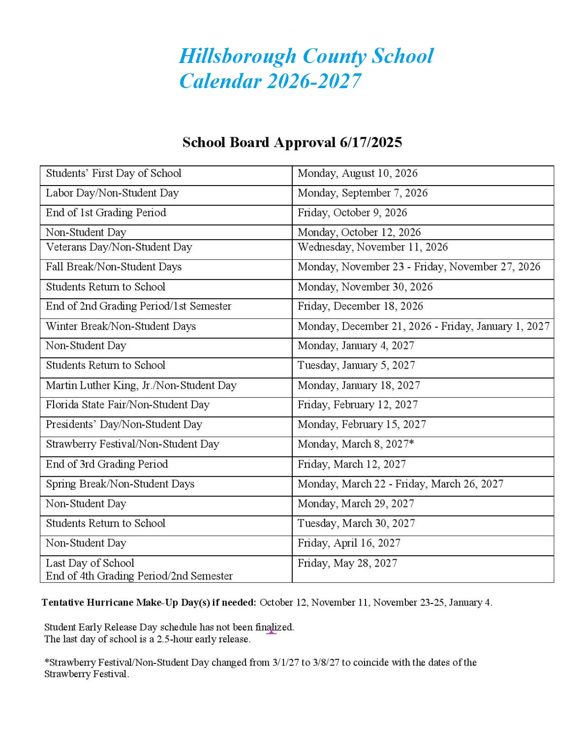 Hillsborough Township Public School Holiday Calendar 2026-2027