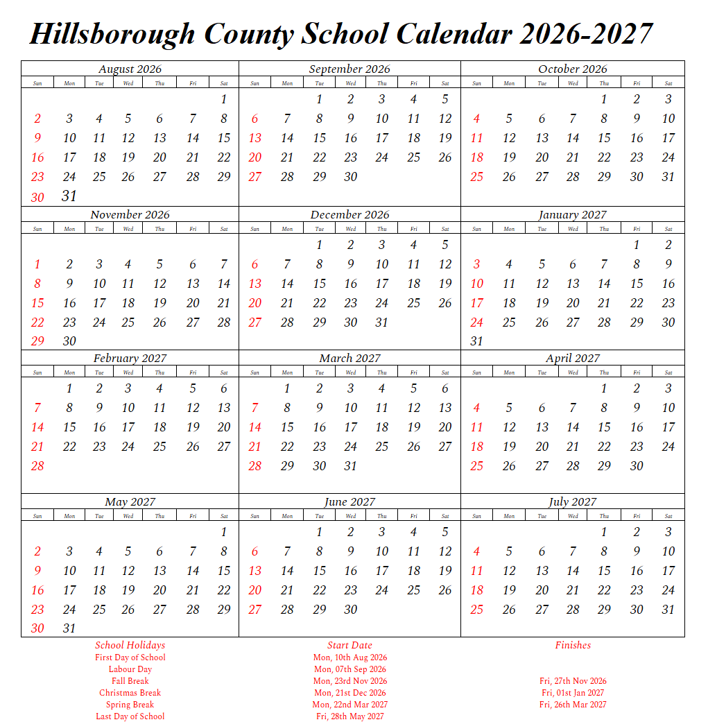 Hillsborough Township Public School Holidays 2026-2027