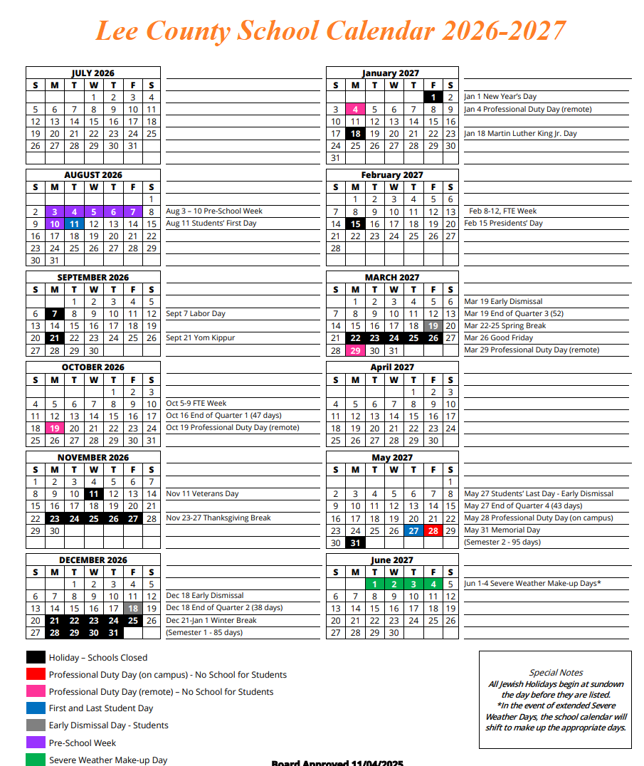 Lee County School District Calendar 2026-2027