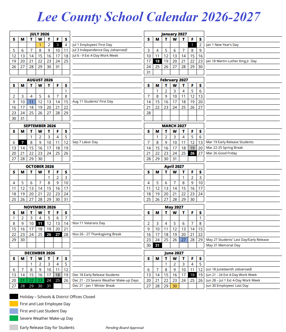 Lee County School Calendar 2026-2027