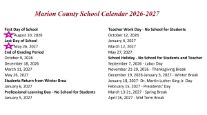 Marion County Public School Holidays 2026-2027