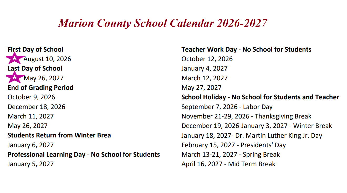 Marion County Public School Holidays 2026-2027