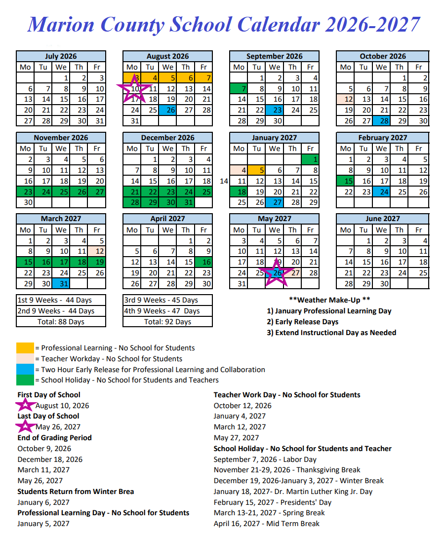 Marion County School Calendar 2026-2027