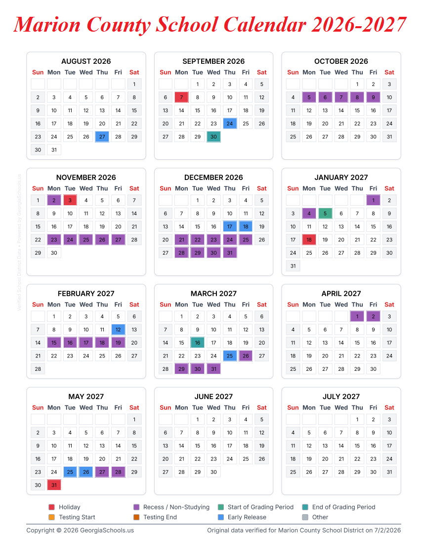 Marion County School Holiday Calendar 2026-2027