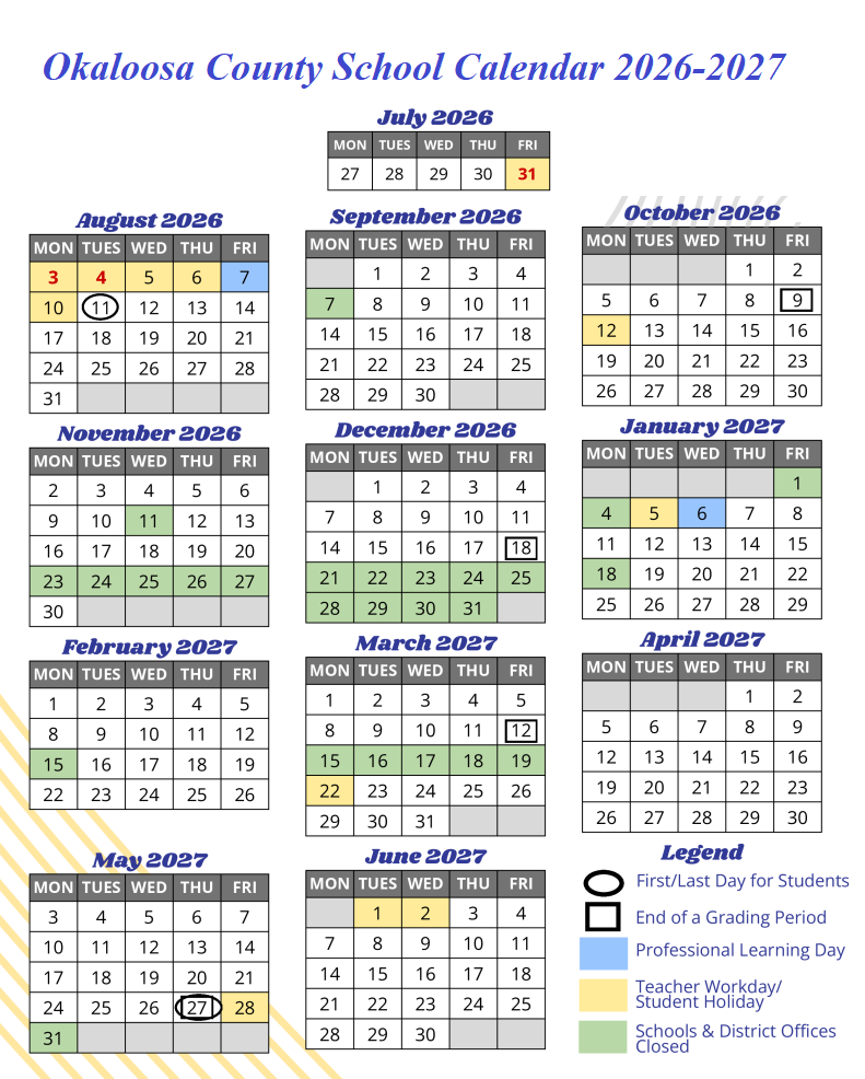 Okaloosa County School Calendar 2026-2027