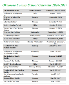 Okaloosa County School Holidays 2026-2027