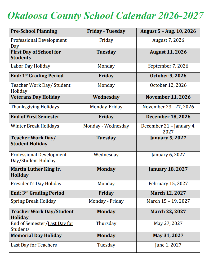 Okaloosa County School Holidays 2026-2027