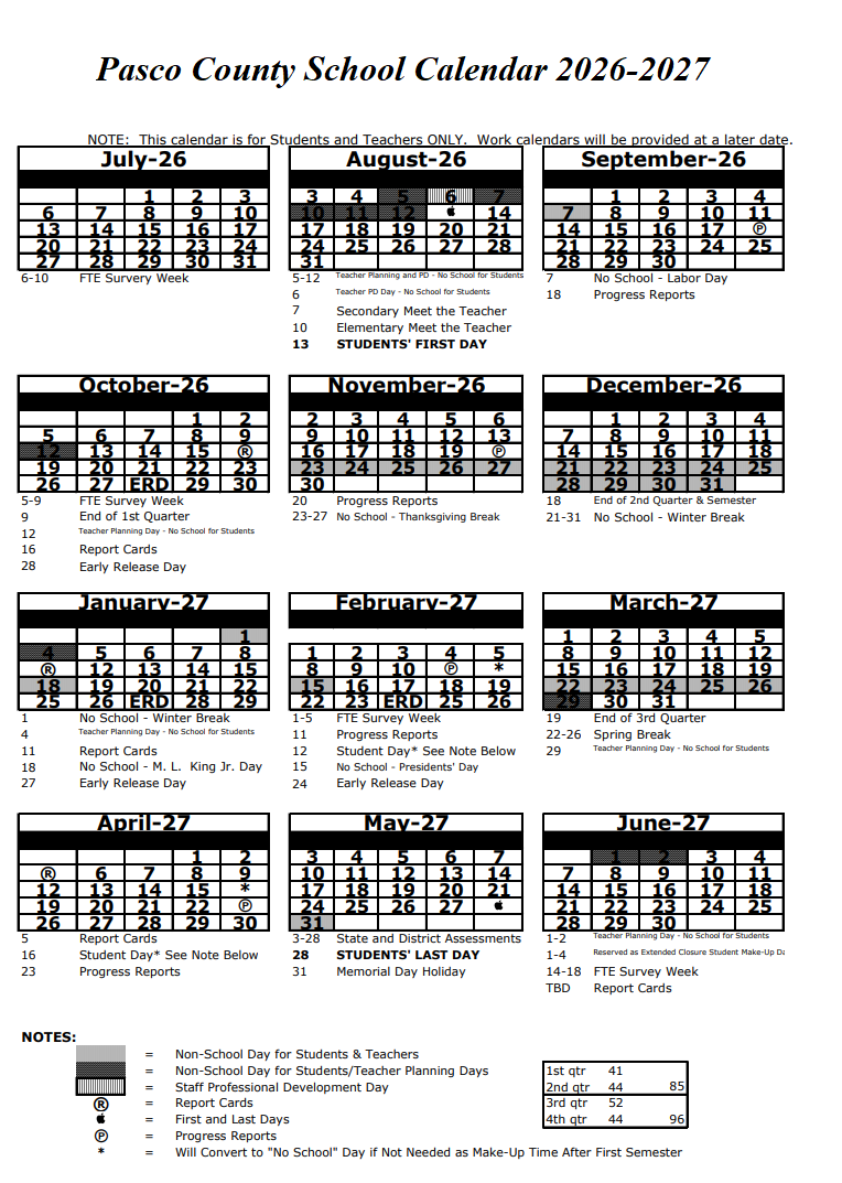 Pasco County School Calendar 2026-2027