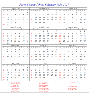 Pasco County School Holiday Calendar 2026-2027