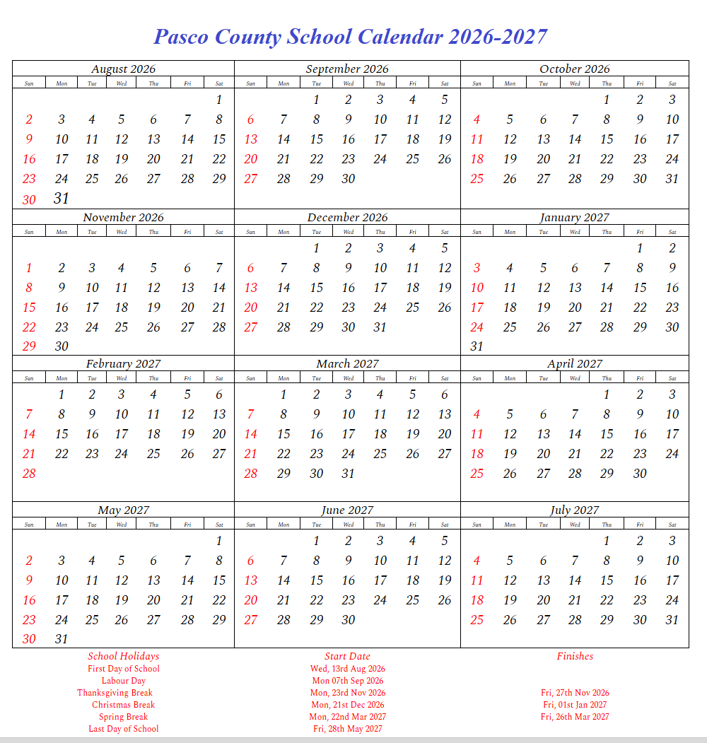 Pasco County School Holiday Calendar 2026-2027