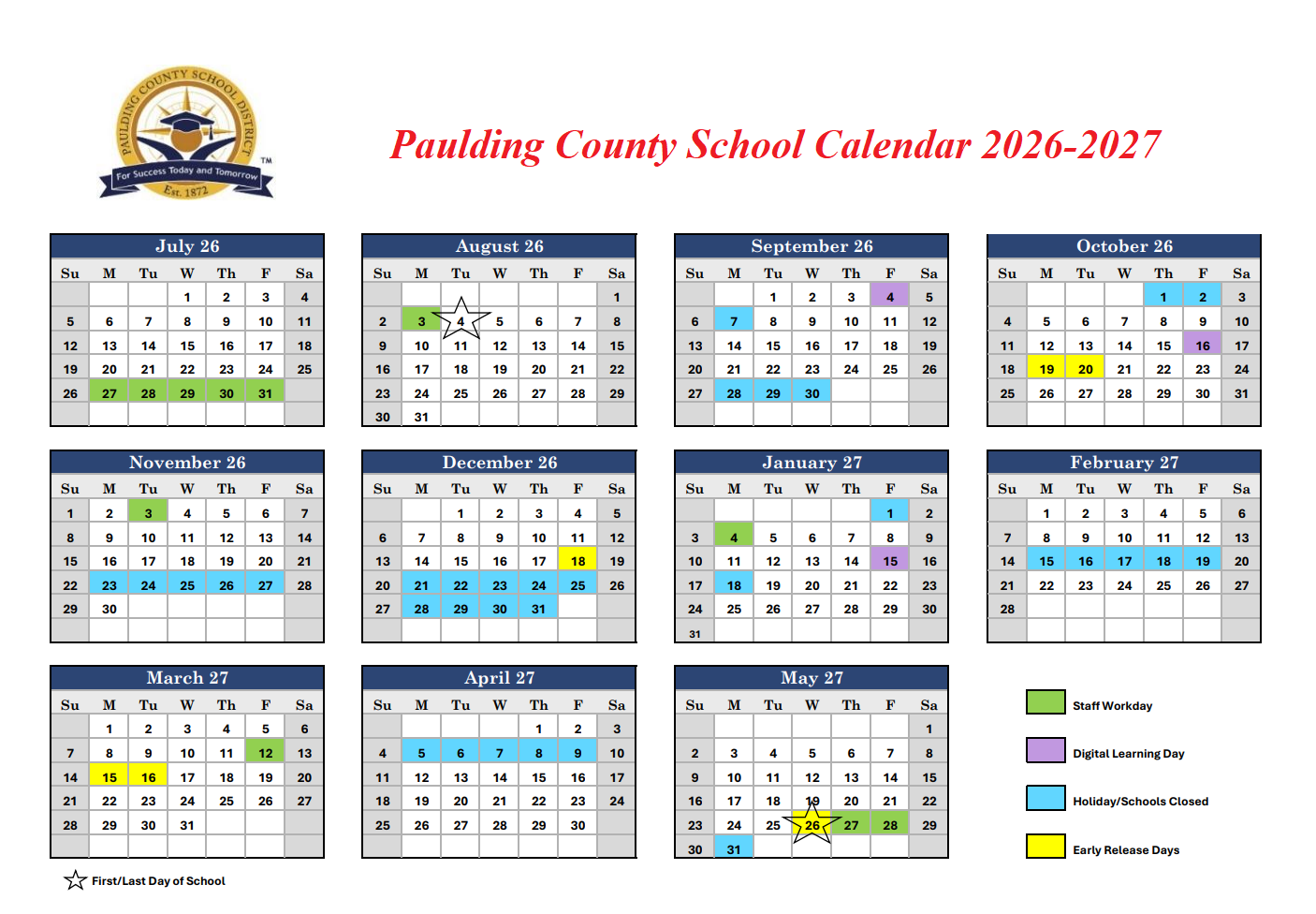 Paulding County School Calendar 2026-2027