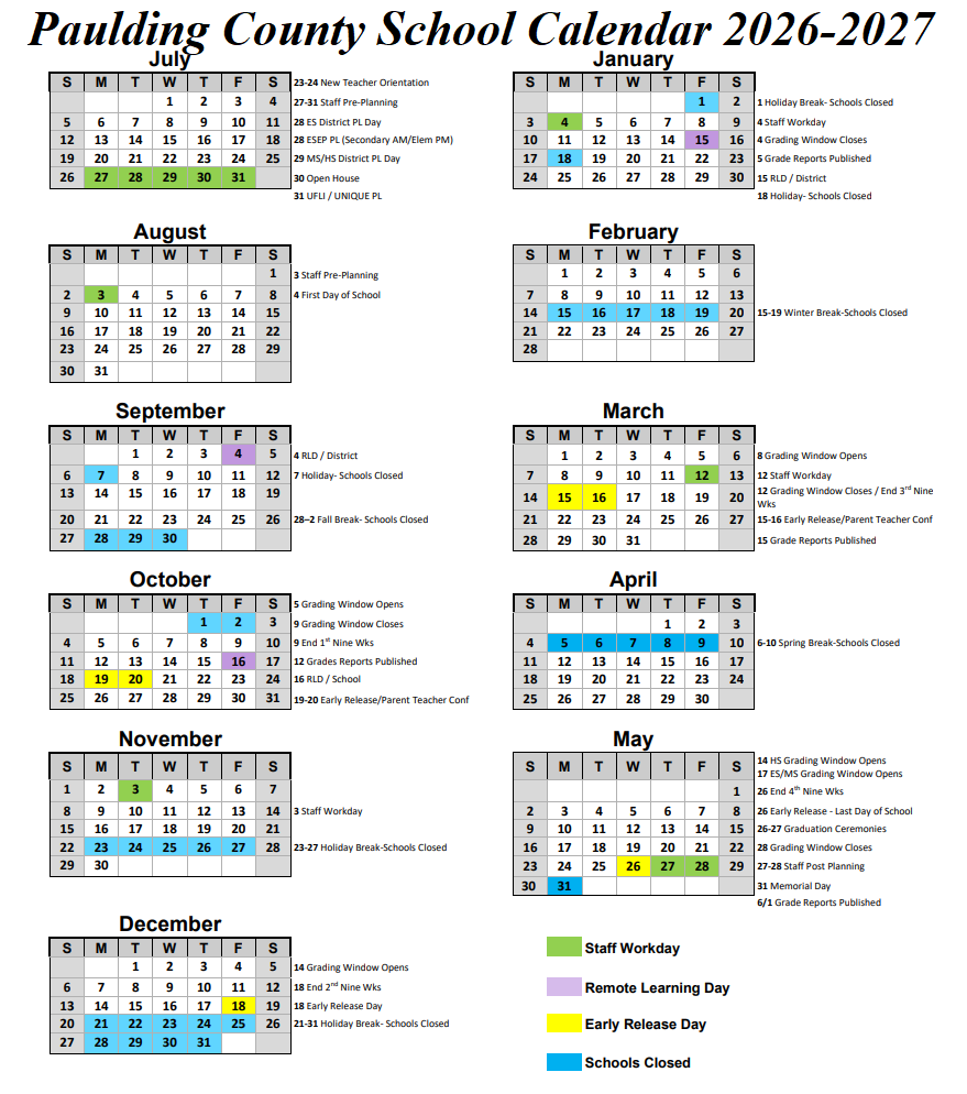 Paulding County School Holiday Calendar 2026-2027