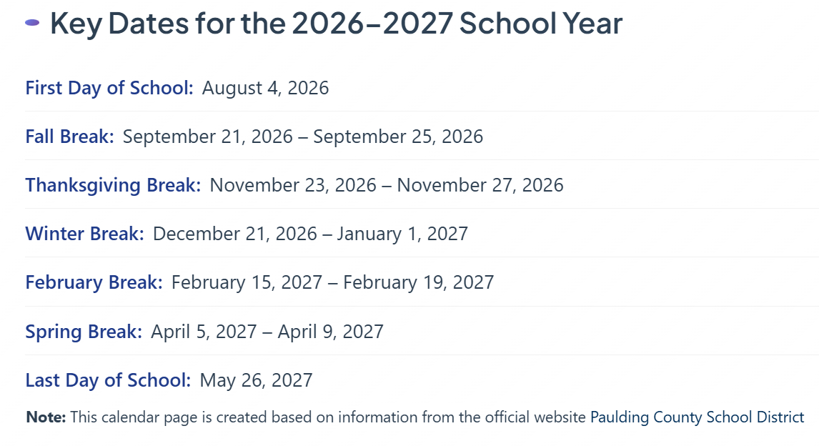 Paulding County School Holidays 2026-2027