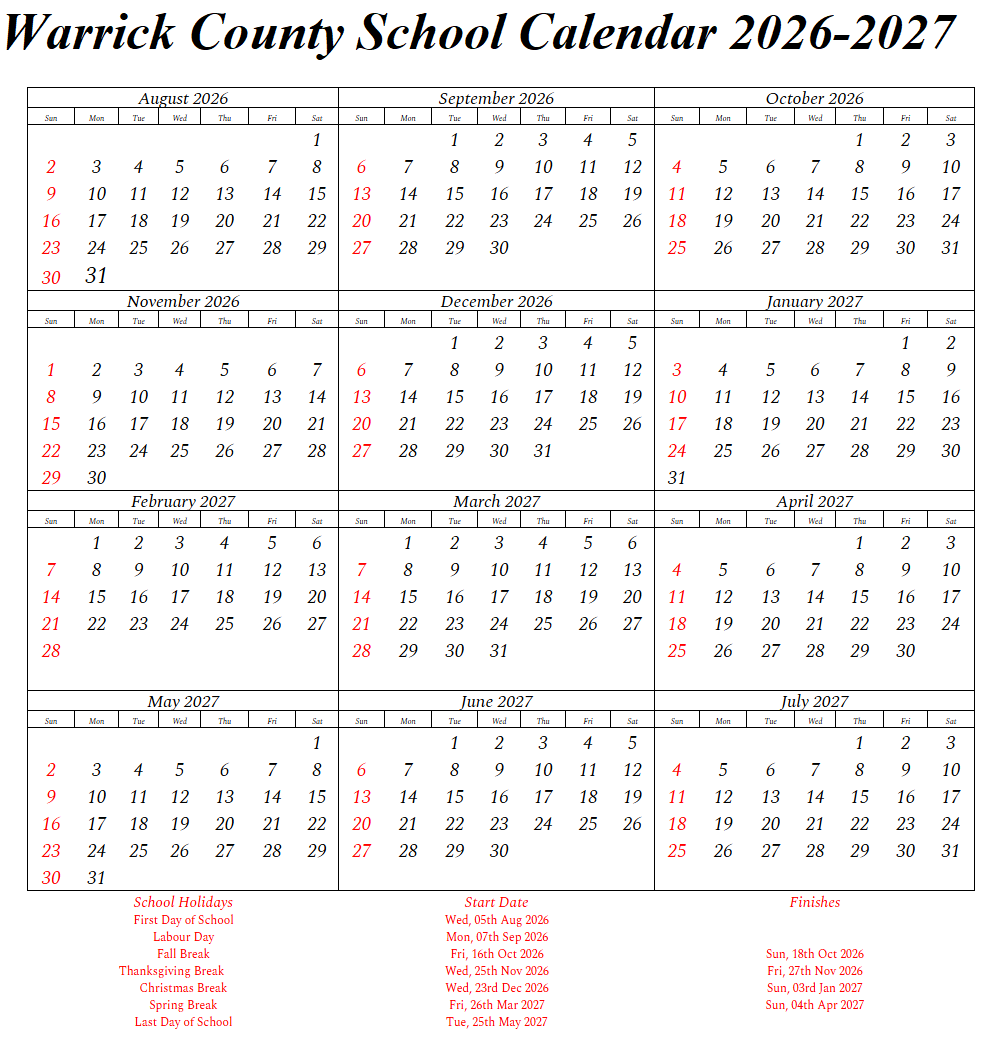 Warrick County School Calendar 2026-2027